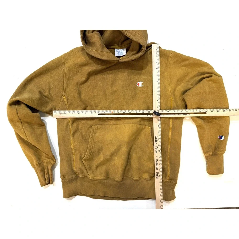 Vintage Champion Reverse Weave Hoodie Mens Med Brown Yellow Pullover Sweatshirt - Picture 5 of 7
